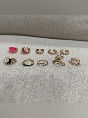 Gold Tone Pink & White Enamel Mixed Rings Set - Women's Jewelry